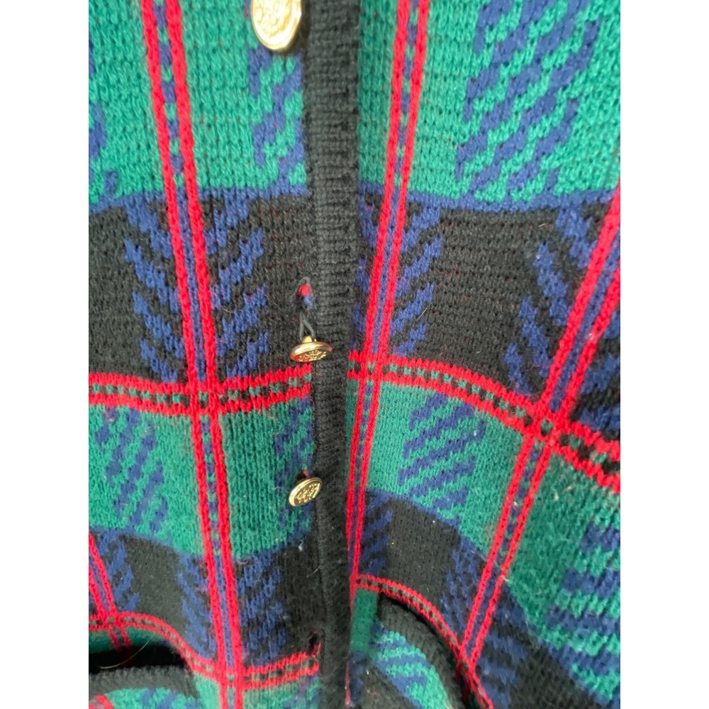 Tally-Ho Womens Cardigan L Sweater Green Plaid Gold Button Vintage Read - Picture 9 of 14